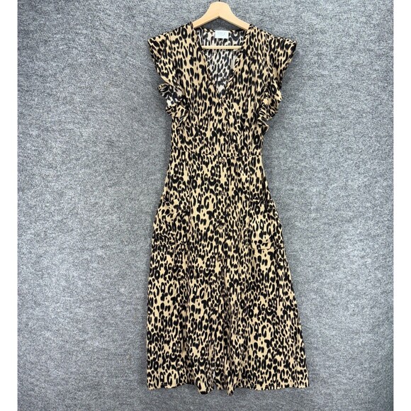 Sienna Sky Dress Women L Large Beige Animal Print Maxi Long V-Neck Short Sleeve - Picture 1 of 7
